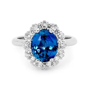 18ct White Gold, Diamond and Oval Cut Sapphire Ring