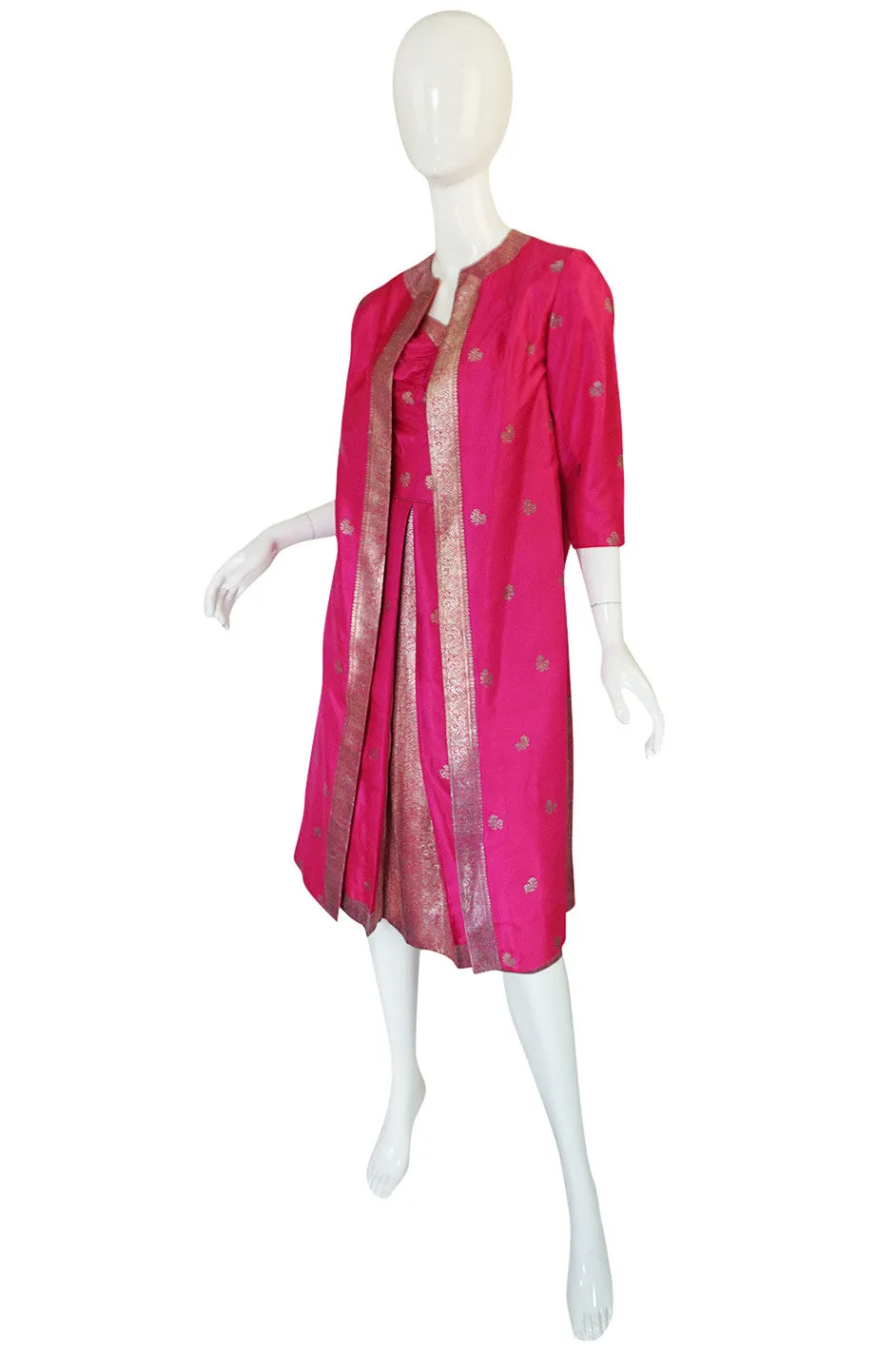 1950s Fine Tissue Silk Bright Pink Dress & Coat Set