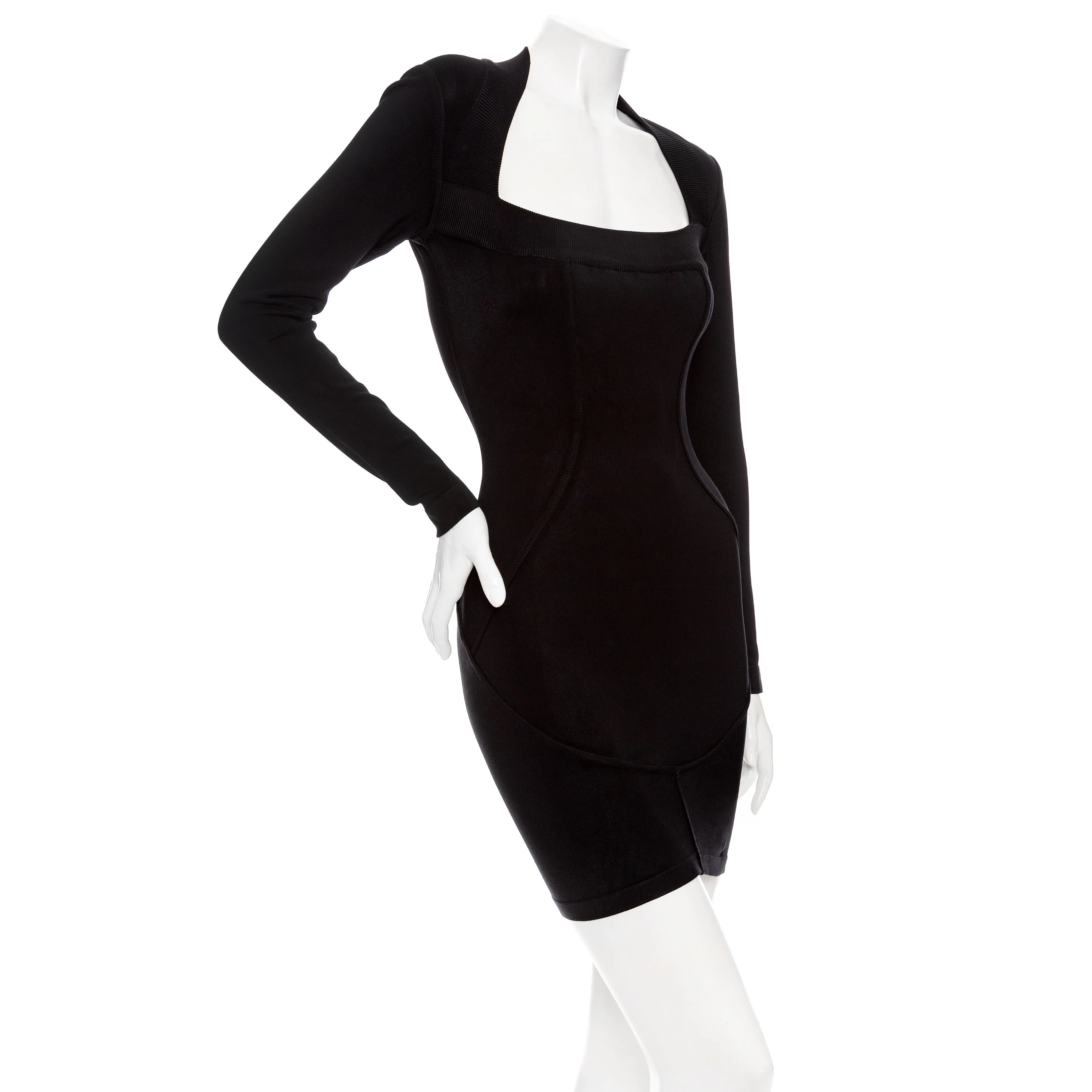 1980s Black Ribbed Knit Bodycon Mini Dress