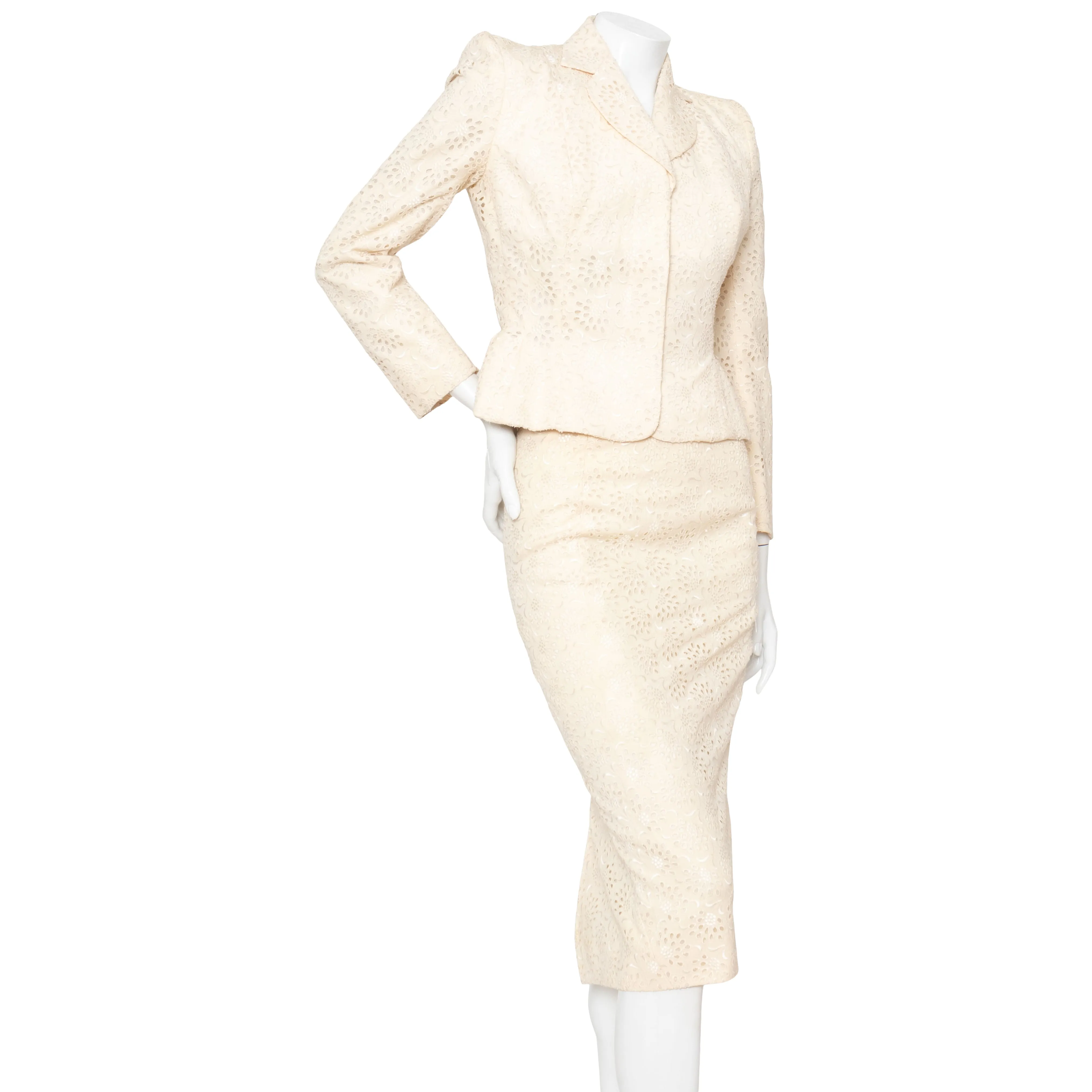 1996 Ivory Broderie Anglaise Skirt Suit