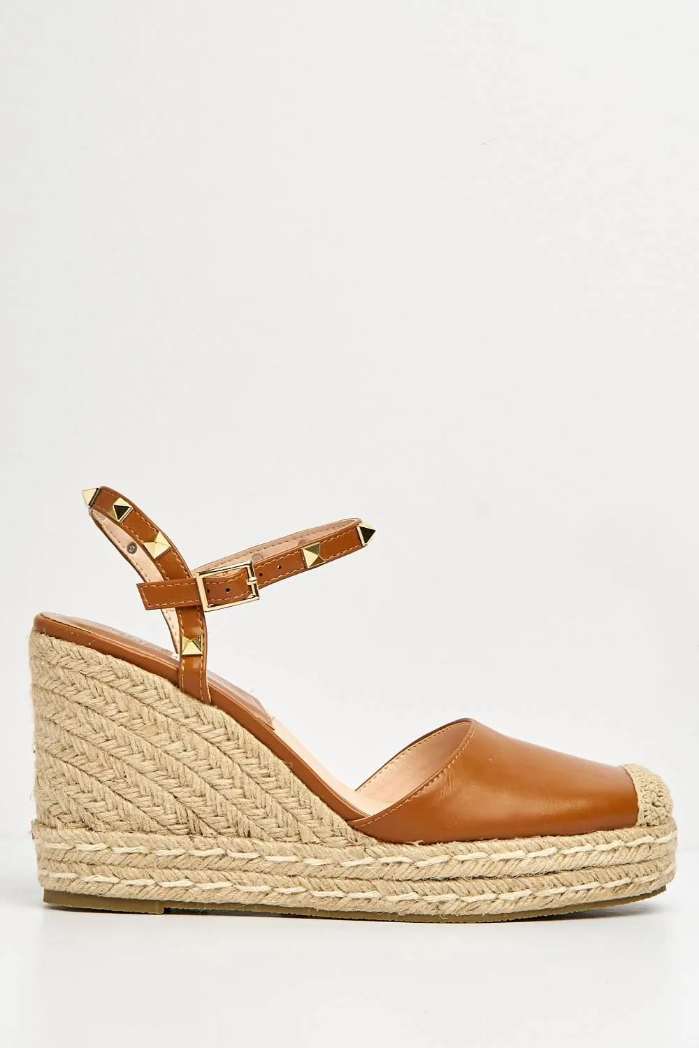 Alala Round Toe Studded Anklestrap Espadrille Wedge in Tan