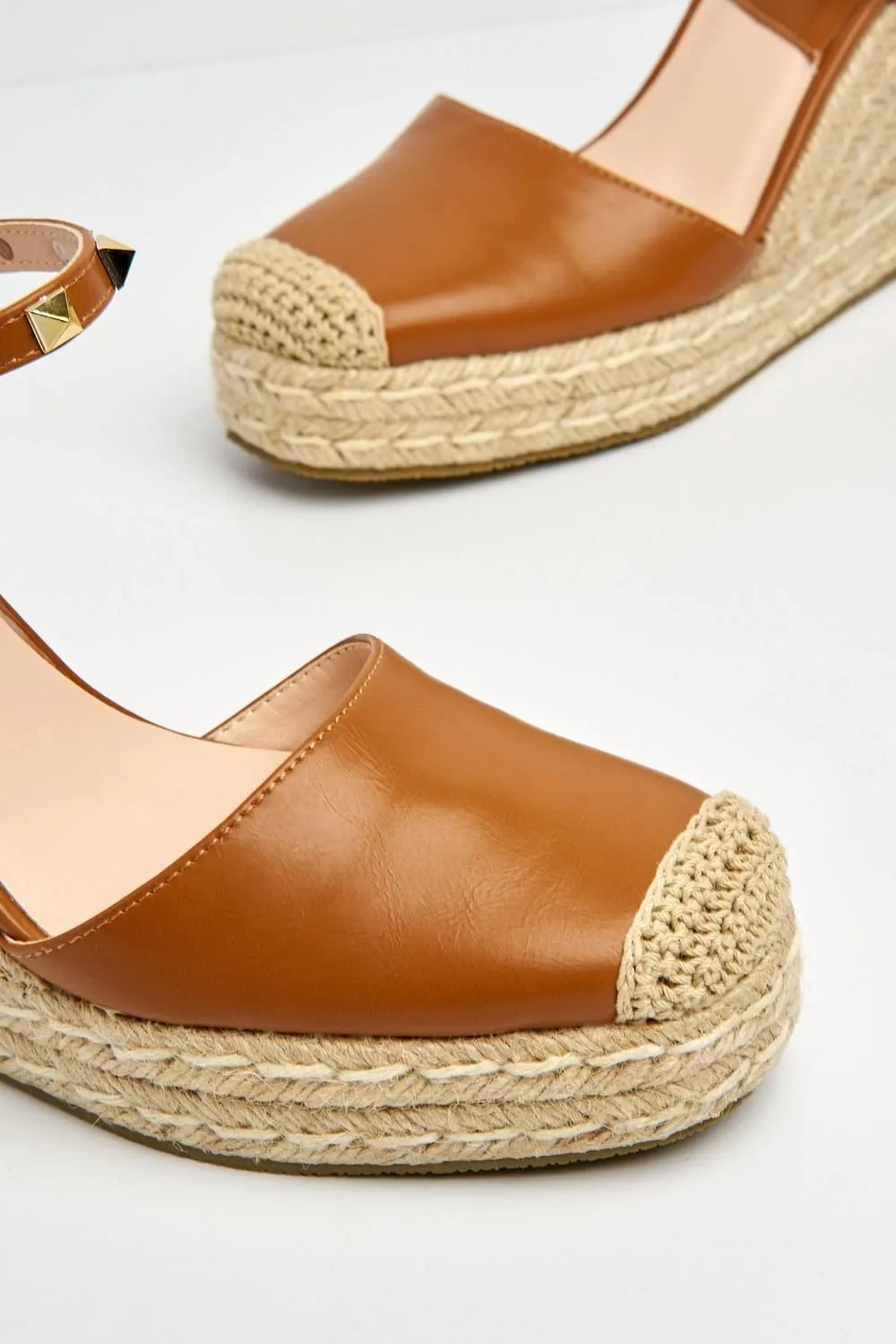 Alala Round Toe Studded Anklestrap Espadrille Wedge in Tan