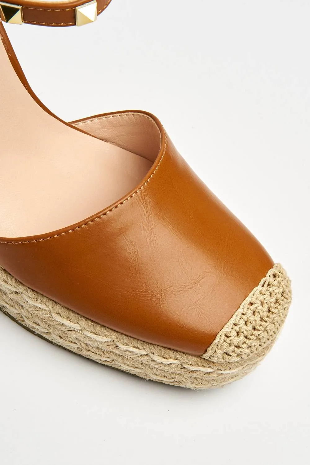 Alala Round Toe Studded Anklestrap Espadrille Wedge in Tan