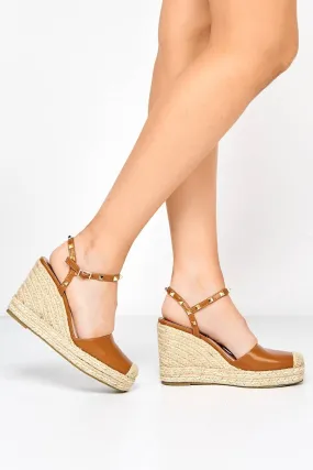 Alala Round Toe Studded Anklestrap Espadrille Wedge in Tan