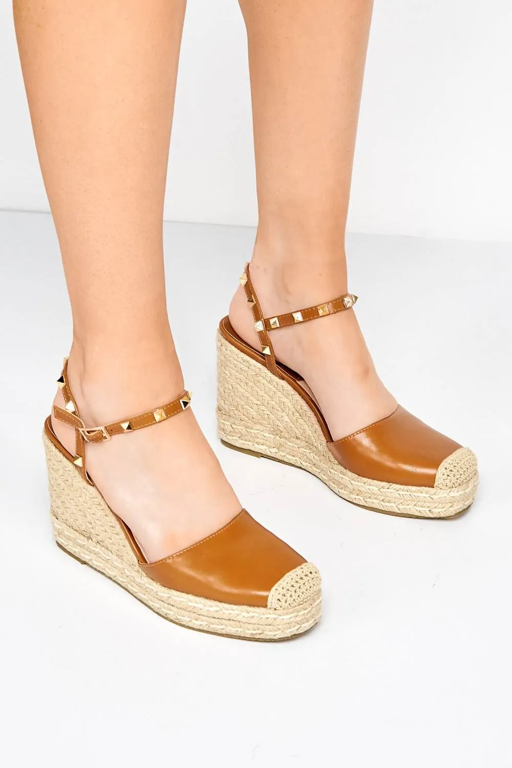 Alala Round Toe Studded Anklestrap Espadrille Wedge in Tan