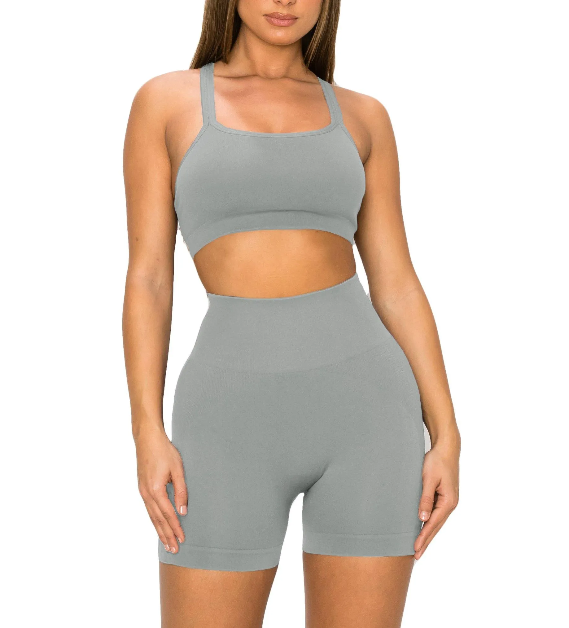 ALWAYS Women's Seamless 2 Piece Set - High Waisted Yoga Bike Workout Shorts and Cropped Crisscross Tank Top