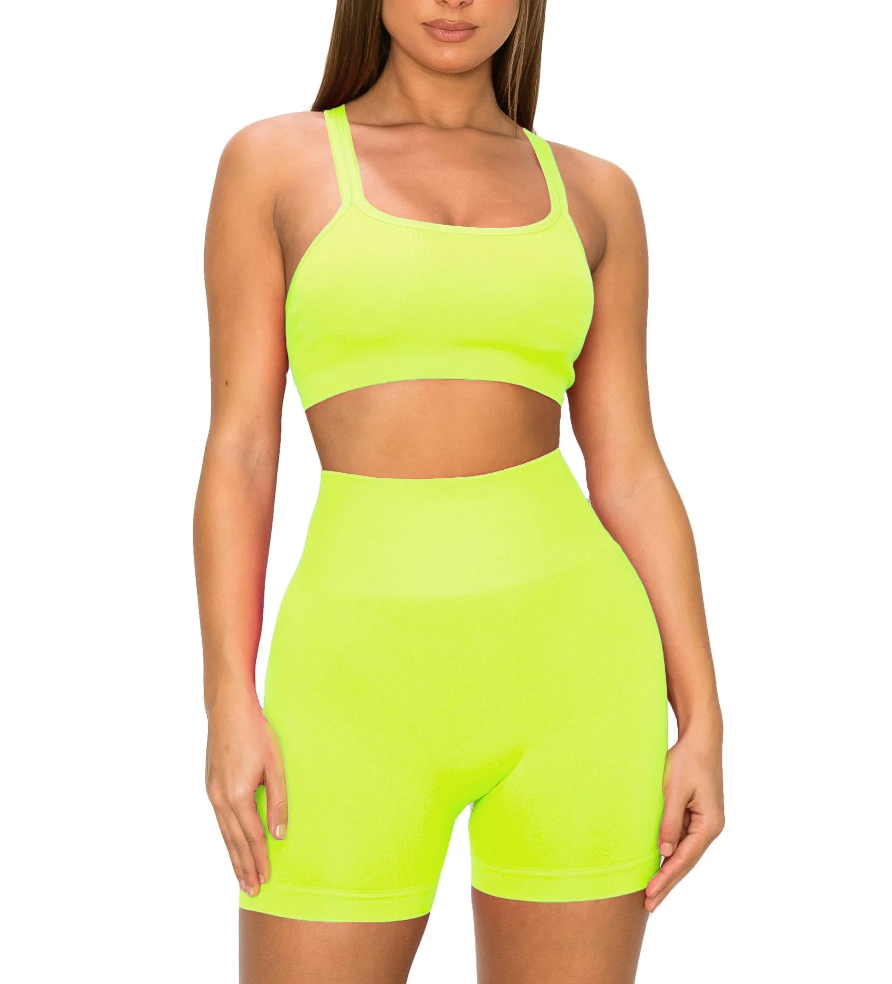 ALWAYS Women's Seamless 2 Piece Set - High Waisted Yoga Bike Workout Shorts and Cropped Crisscross Tank Top