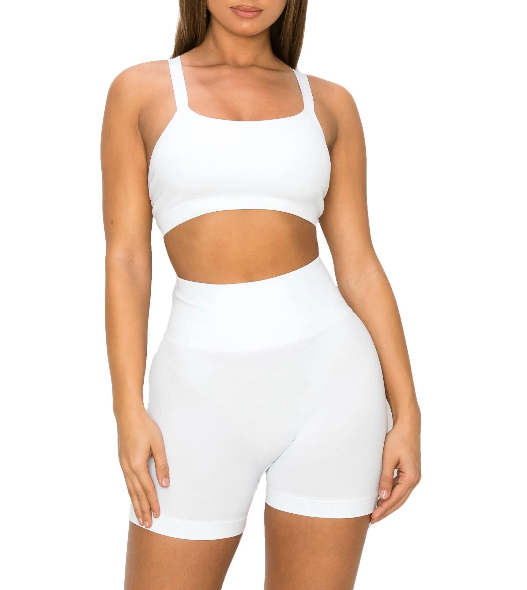 ALWAYS Women's Seamless 2 Piece Set - High Waisted Yoga Bike Workout Shorts and Cropped Crisscross Tank Top