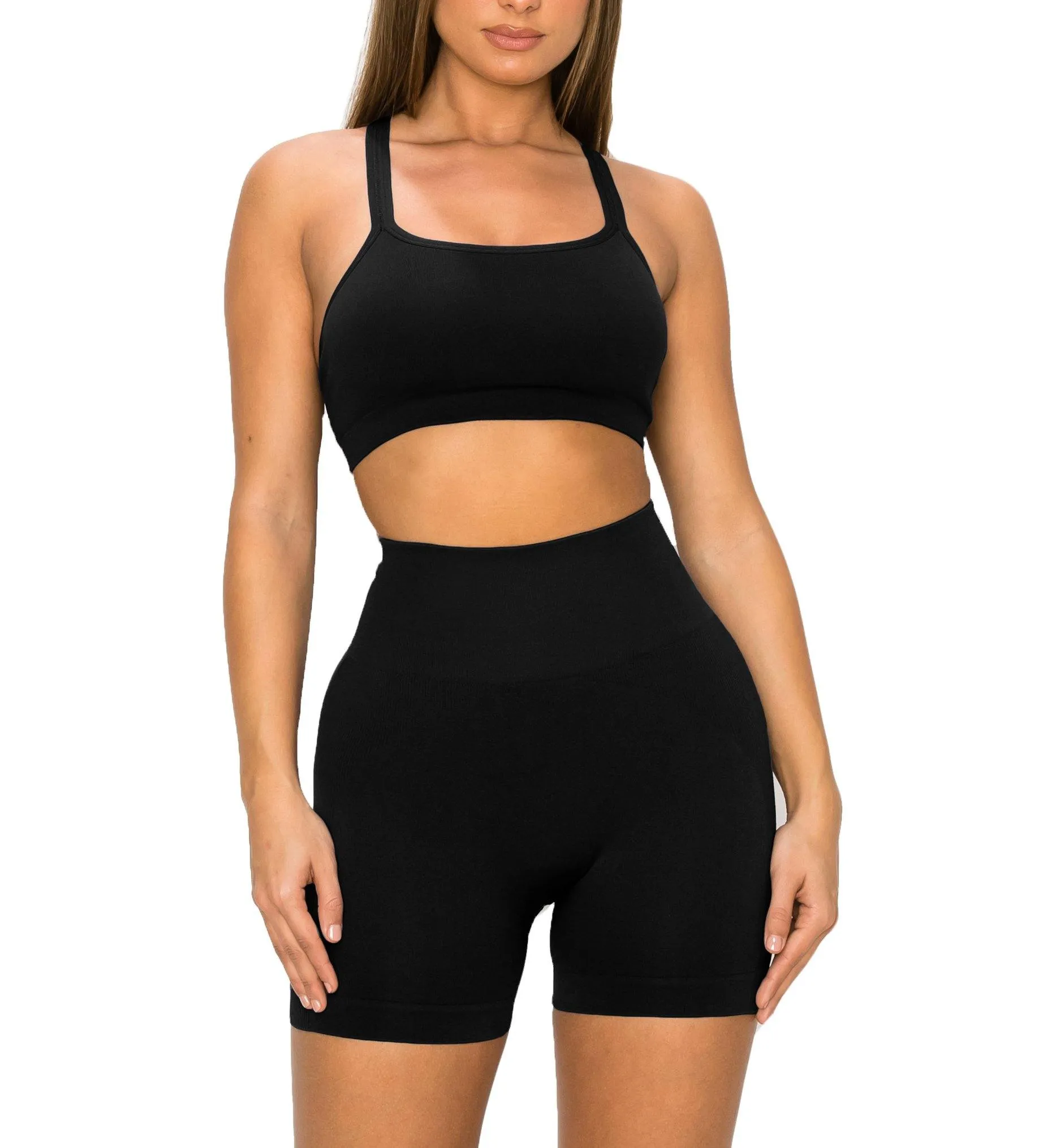 ALWAYS Women's Seamless 2 Piece Set - High Waisted Yoga Bike Workout Shorts and Cropped Crisscross Tank Top