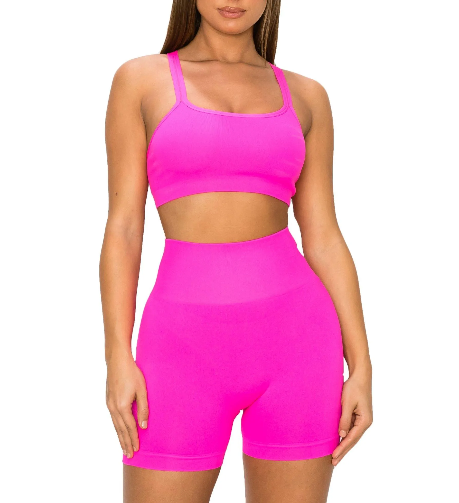 ALWAYS Women's Seamless 2 Piece Set - High Waisted Yoga Bike Workout Shorts and Cropped Crisscross Tank Top