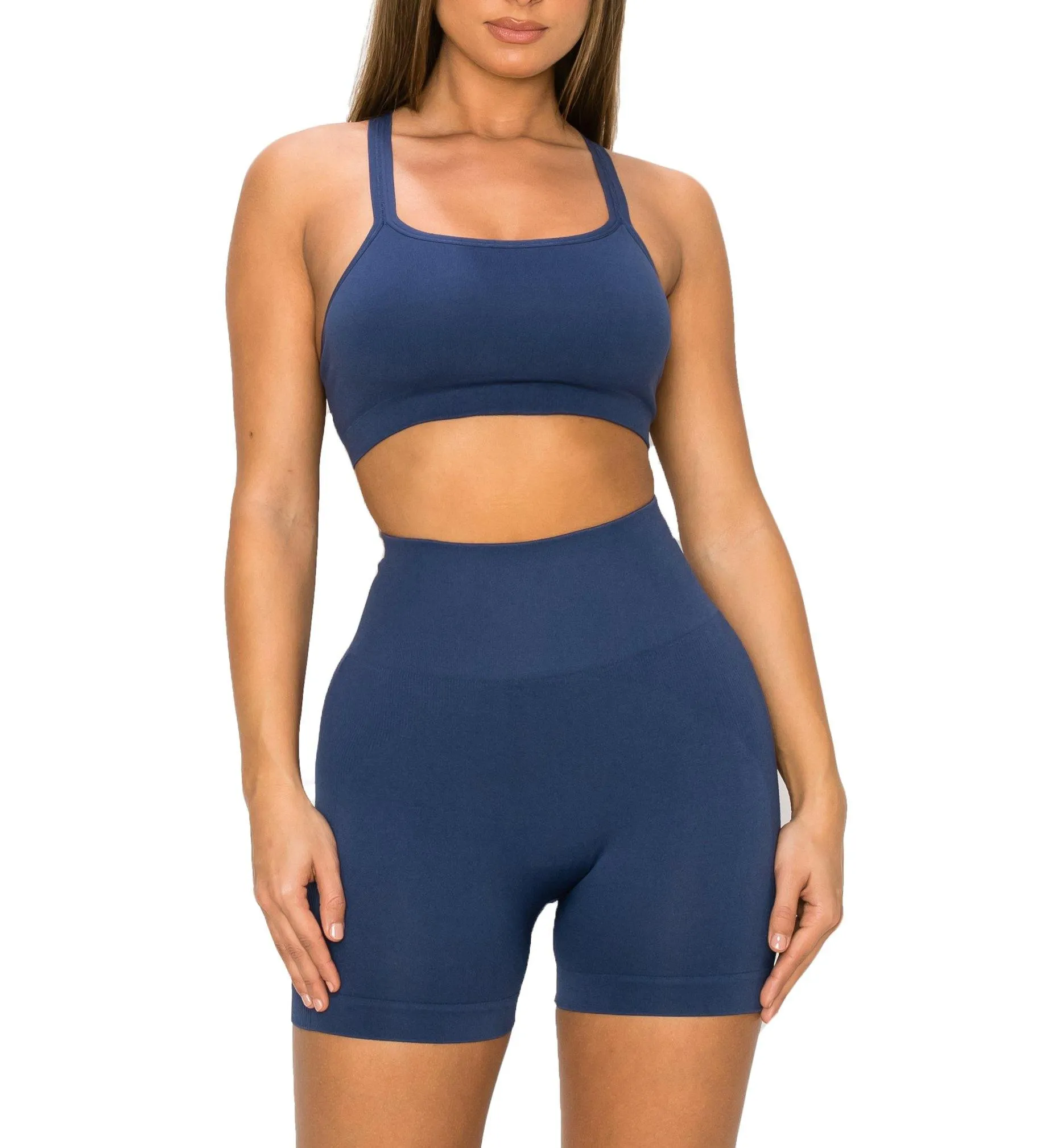 ALWAYS Women's Seamless 2 Piece Set - High Waisted Yoga Bike Workout Shorts and Cropped Crisscross Tank Top