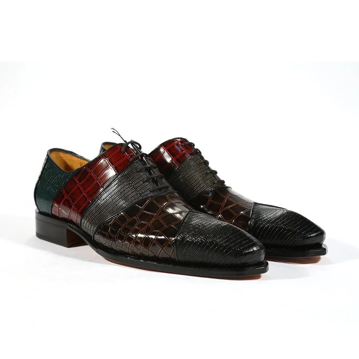 Ambrogio 39139 Men's Luxury Handmade Shoes Multi-Color Lizard Print / Crocodile Print / Calf-Skin Leather Oxfords (AMB1001) MTO