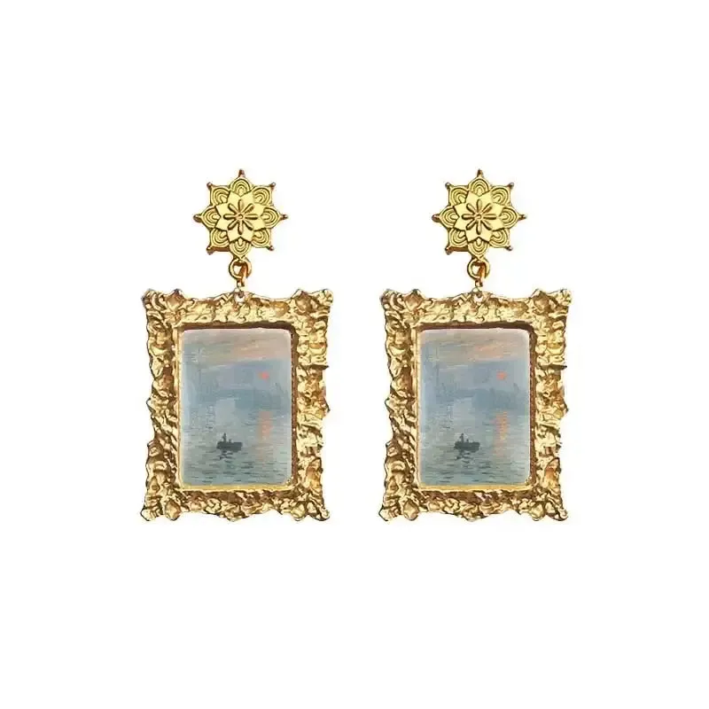 Antique Plated World Paintings Drop Earring