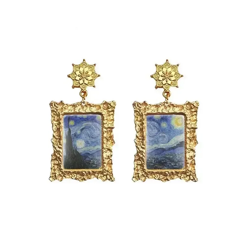 Antique Plated World Paintings Drop Earring