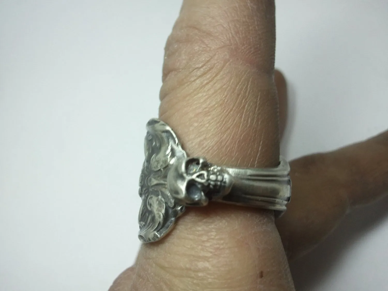 Antique Victorian Spoon Ring With skull accent 925 Sterling Silver Ring. Size 11.5 US Custom Made to Order in USA.