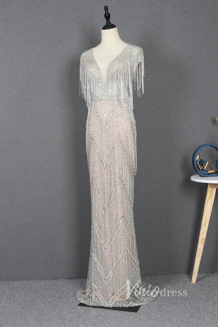 Beaded Silver Flapper Dress Vintage Sheath Prom Dress FD2828