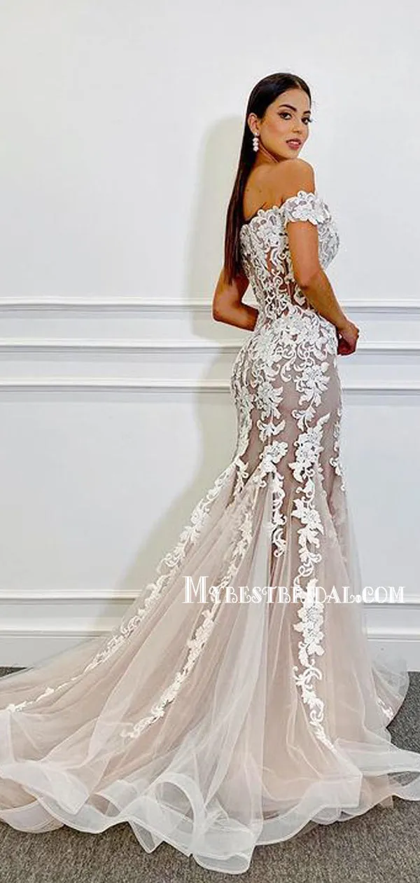 Beautiful Off-shoulder Mermaid Lace Long Cheap Wedding Dresses, WDS0007