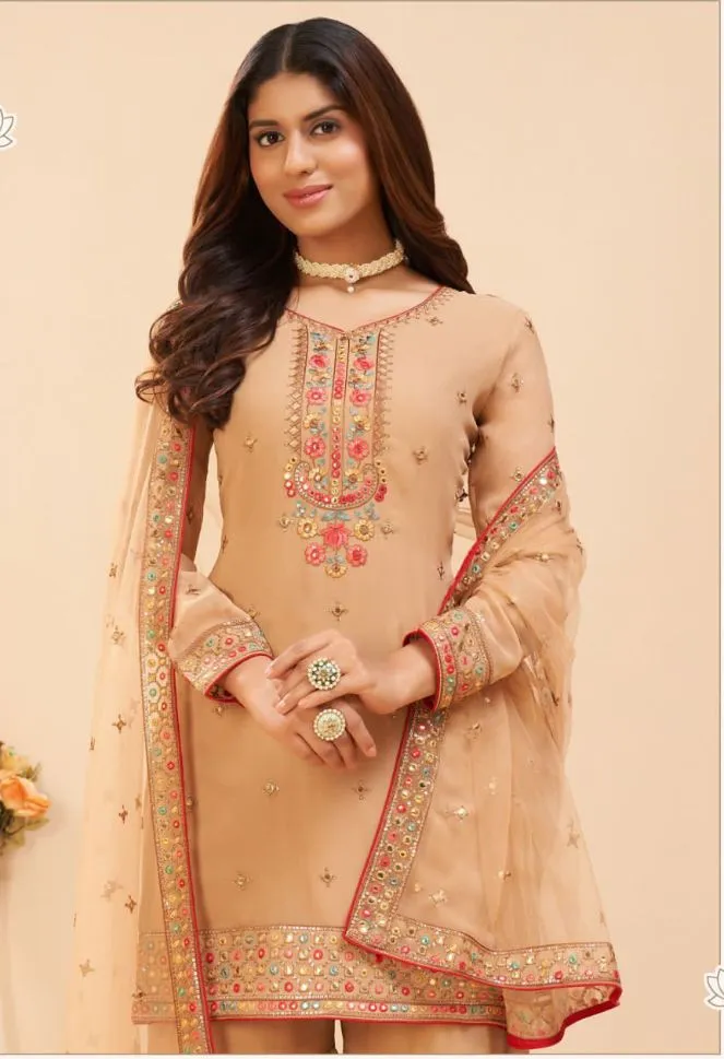 Beige Color Georgette Embroidery Sharara - Rent