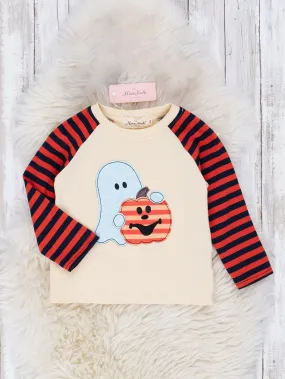 Beige Embroidered Ghost & Pumpkin Raglan Top