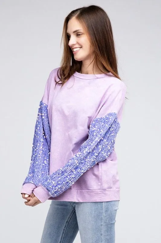 BiBi Velvet Sequin Sleeve Mineral Washed Top