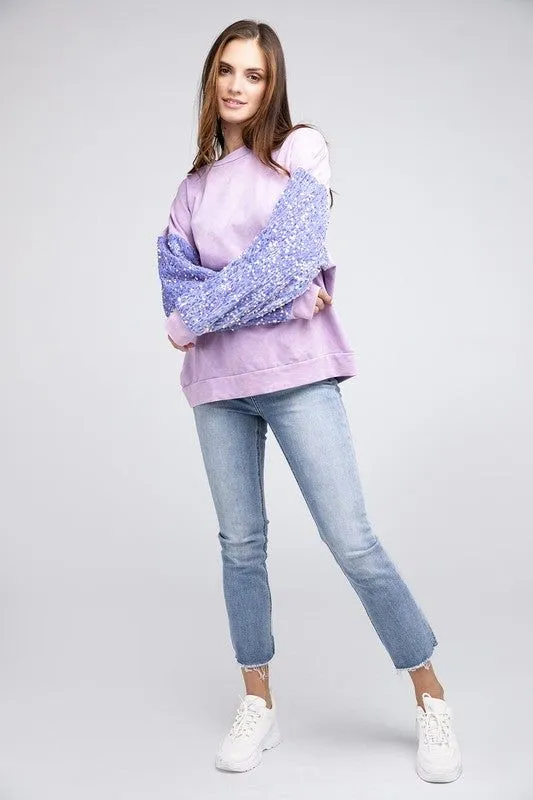 BiBi Velvet Sequin Sleeve Mineral Washed Top