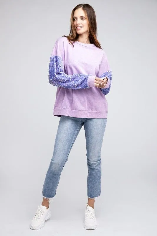 BiBi Velvet Sequin Sleeve Mineral Washed Top