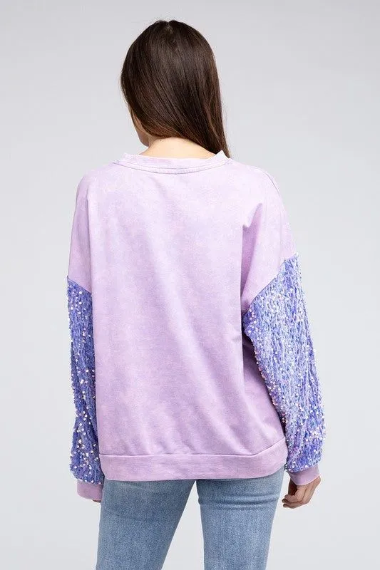 BiBi Velvet Sequin Sleeve Mineral Washed Top