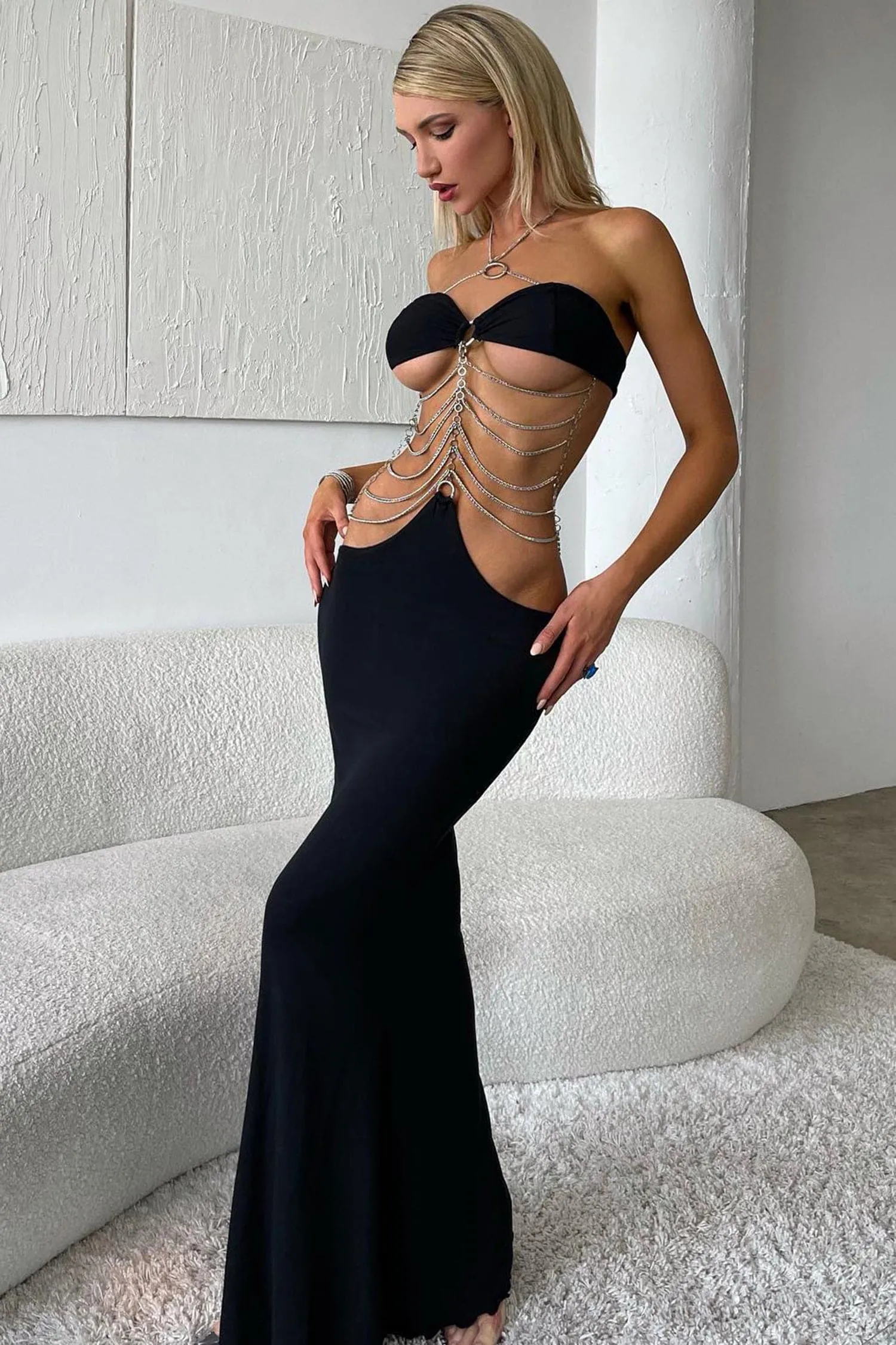 Black Cut Out Chain Bandeau Maxi Dress