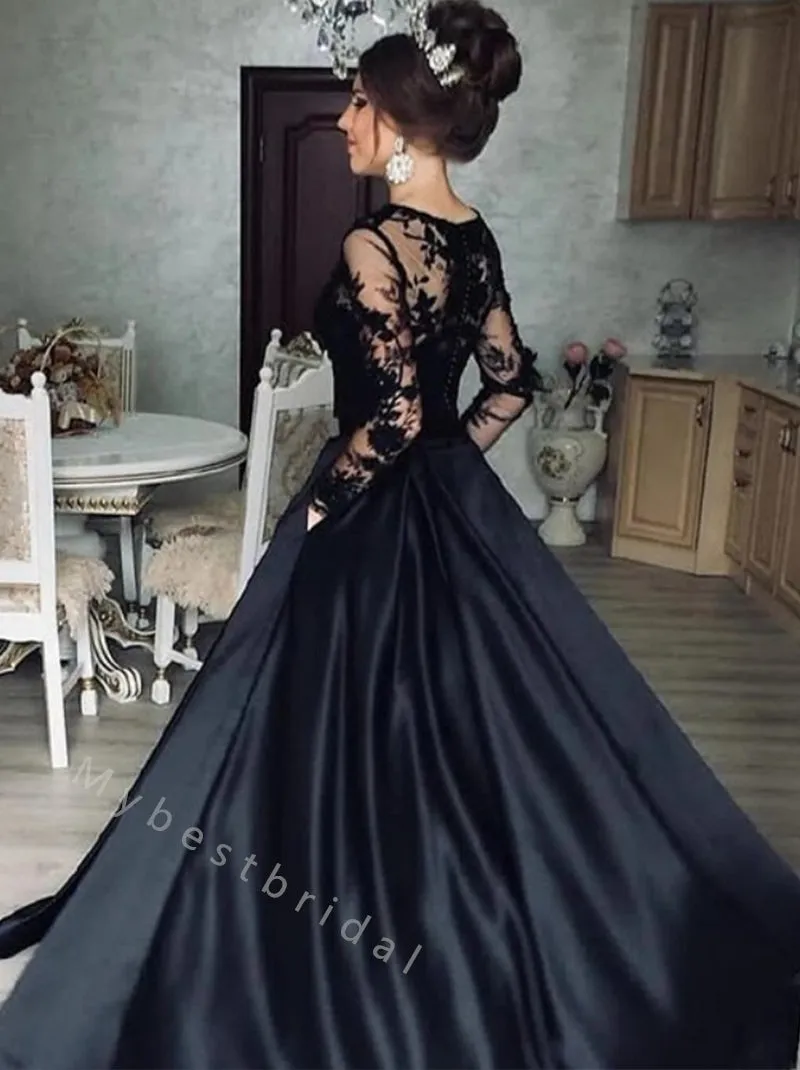 Black Elegant Sweetheart Long sleeves A-line Long Floor Length Prom Dress,PDS11499