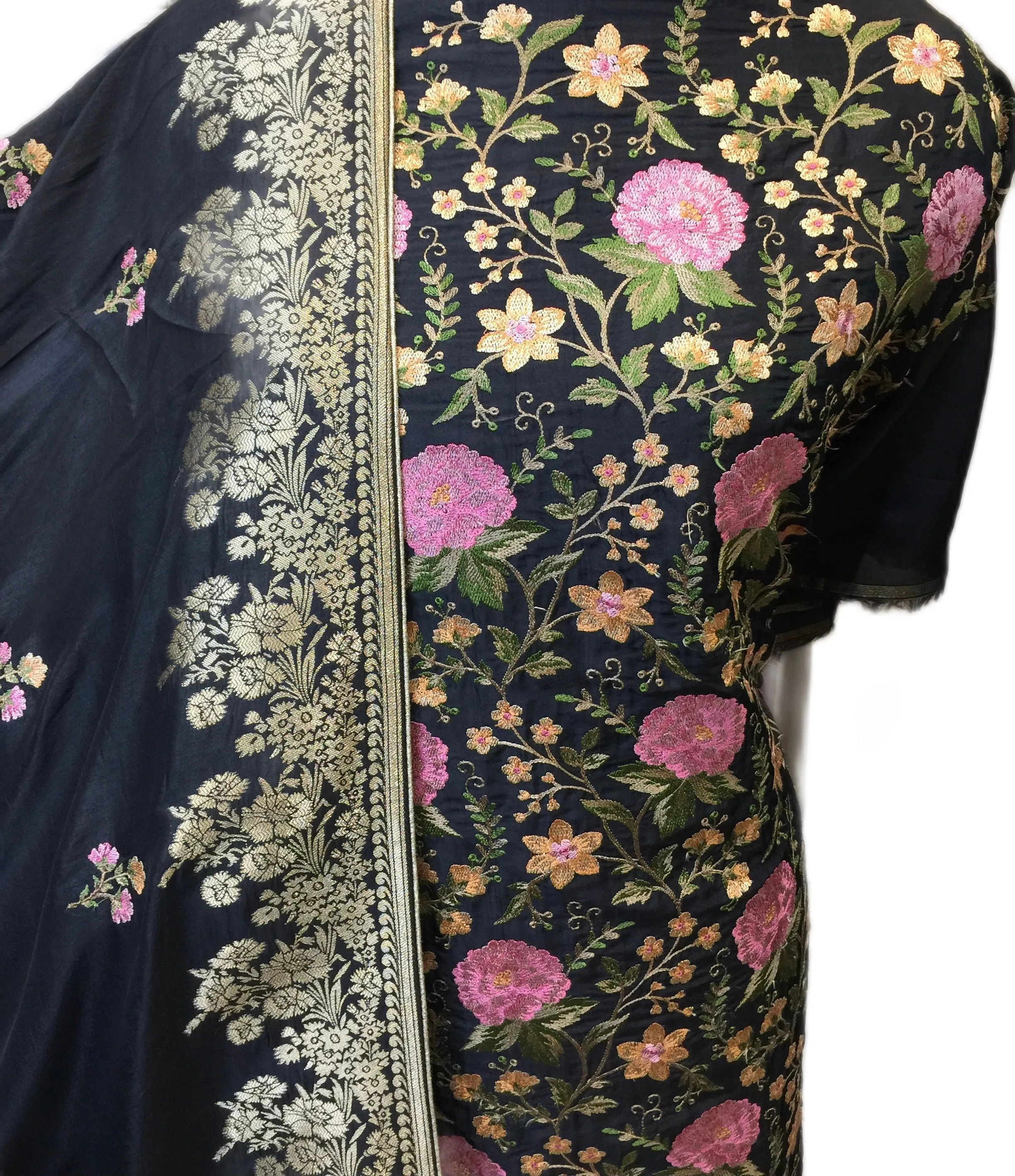 Black Opara Silk Unstitched Suit with Parsi Embroidery