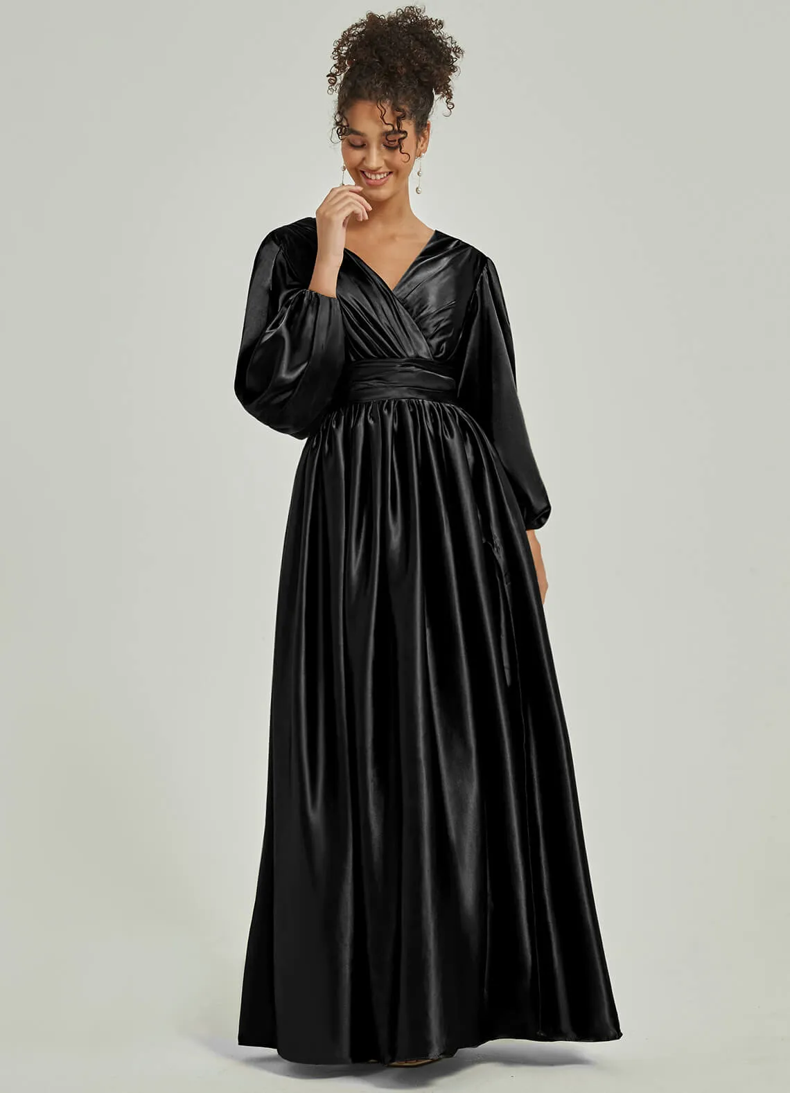 Black Satin 3/4 Long Slit Sleeve V-Neck Slit Pleated Bridesmaid Dress