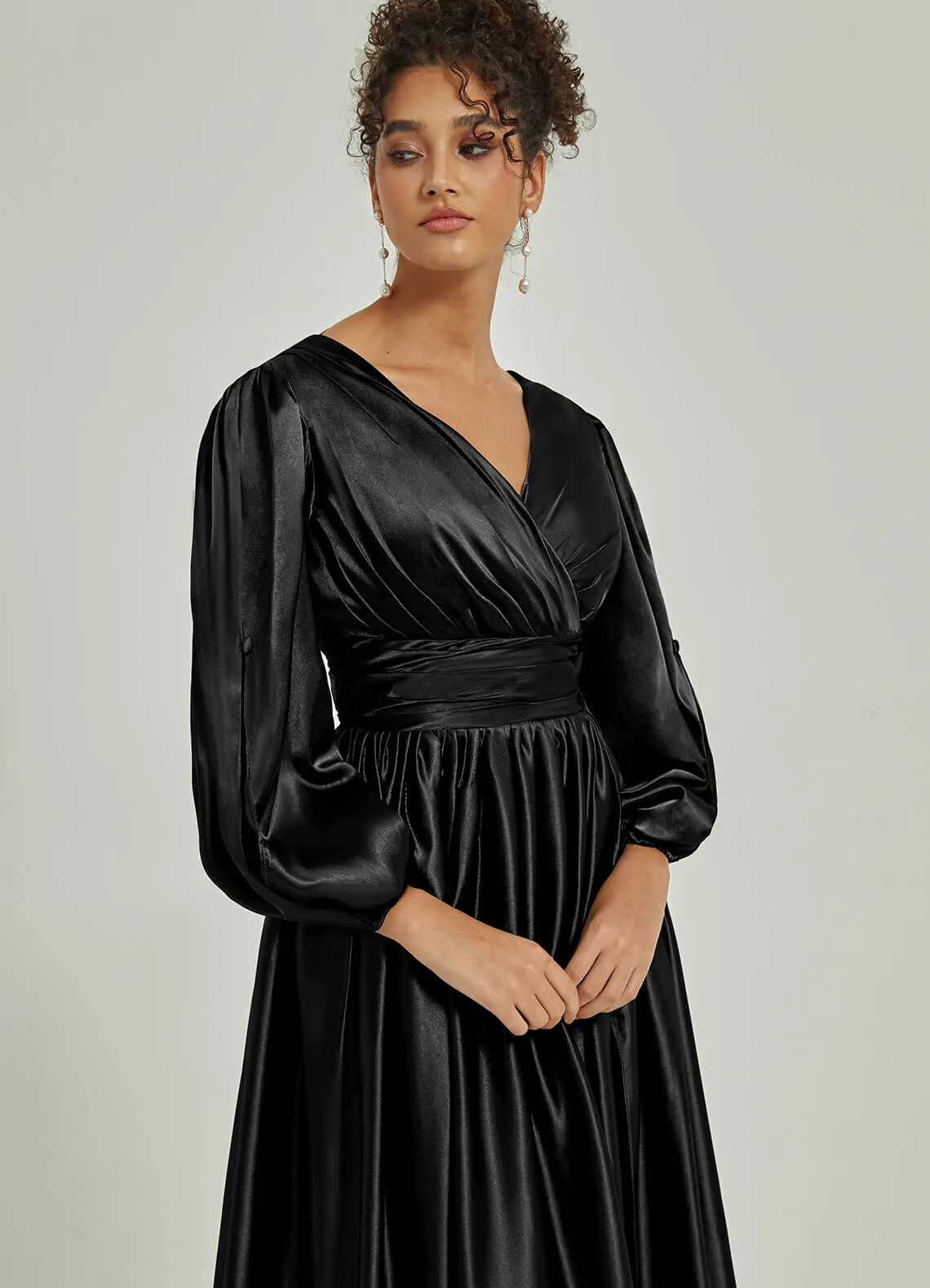 Black Satin 3/4 Long Slit Sleeve V-Neck Slit Pleated Bridesmaid Dress