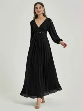 Black V-Neck Long Slit Sleeve Pleated Flowy Chiffon Formal Dress