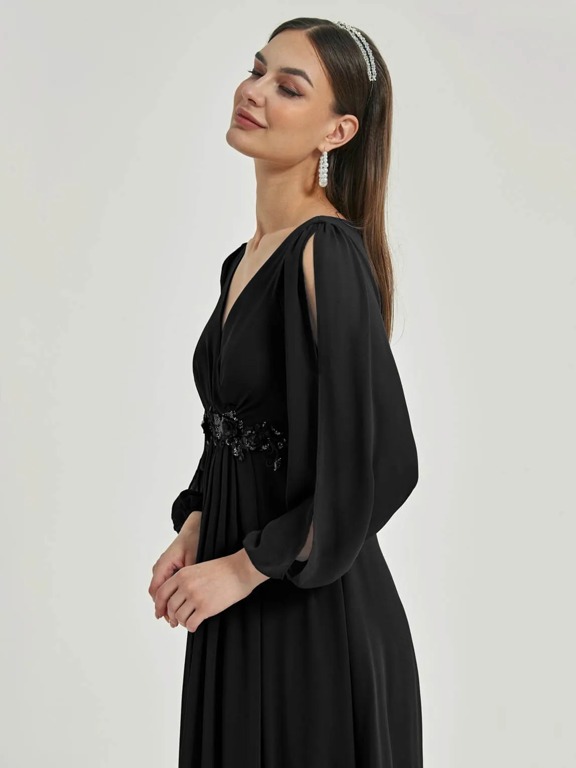 Black V-Neck Long Slit Sleeve Pleated Flowy Chiffon Formal Dress