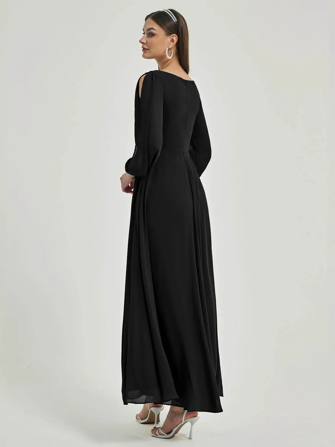 Black V-Neck Long Slit Sleeve Pleated Flowy Chiffon Formal Dress