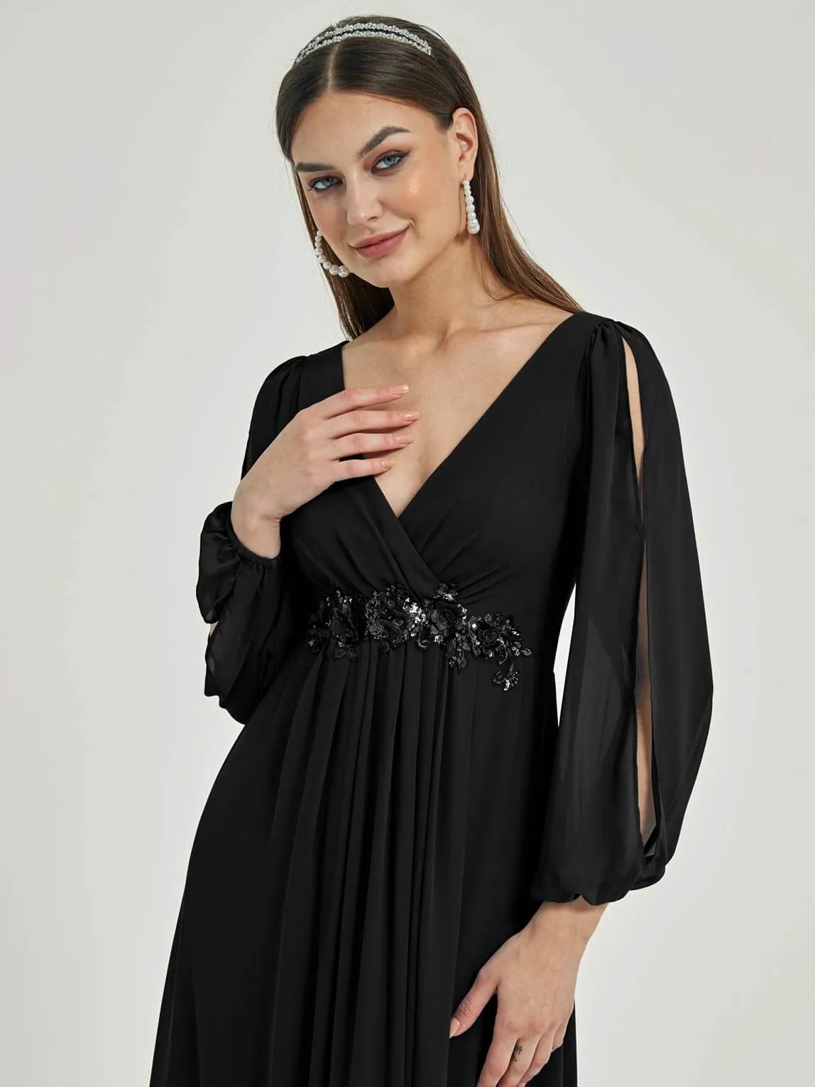 Black V-Neck Long Slit Sleeve Pleated Flowy Chiffon Formal Dress