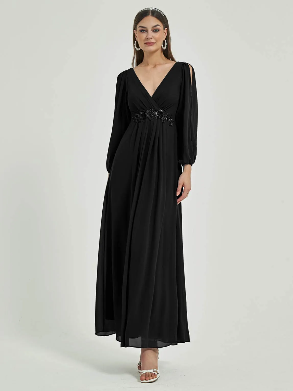 Black V-Neck Long Slit Sleeve Pleated Flowy Chiffon Formal Dress