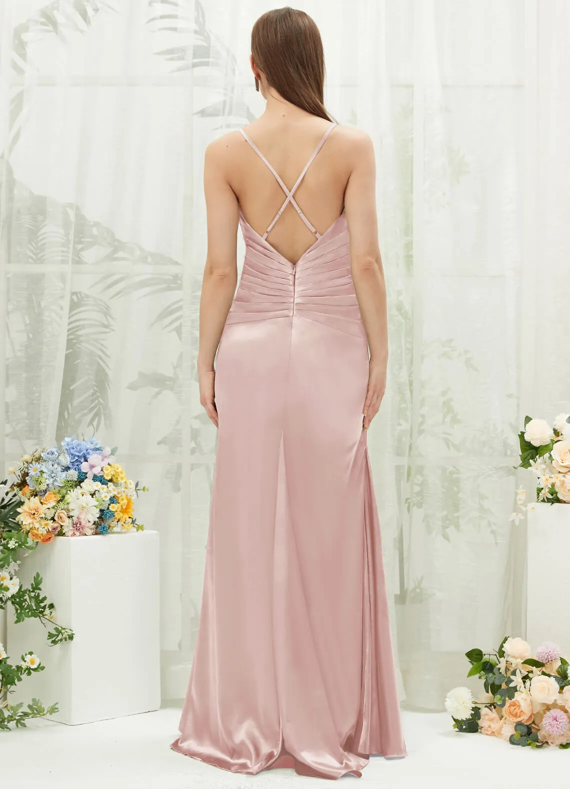 Blush Satin Cowl Neck Adjustable Straps Backless Long Bridesmaid Dress