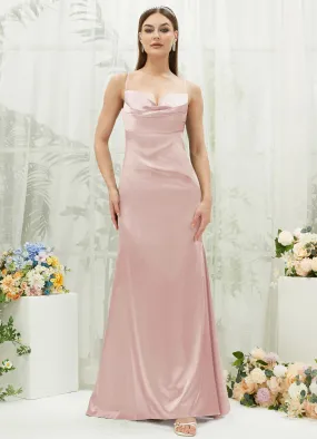 Blush Satin Cowl Neck Adjustable Straps Backless Long Bridesmaid Dress