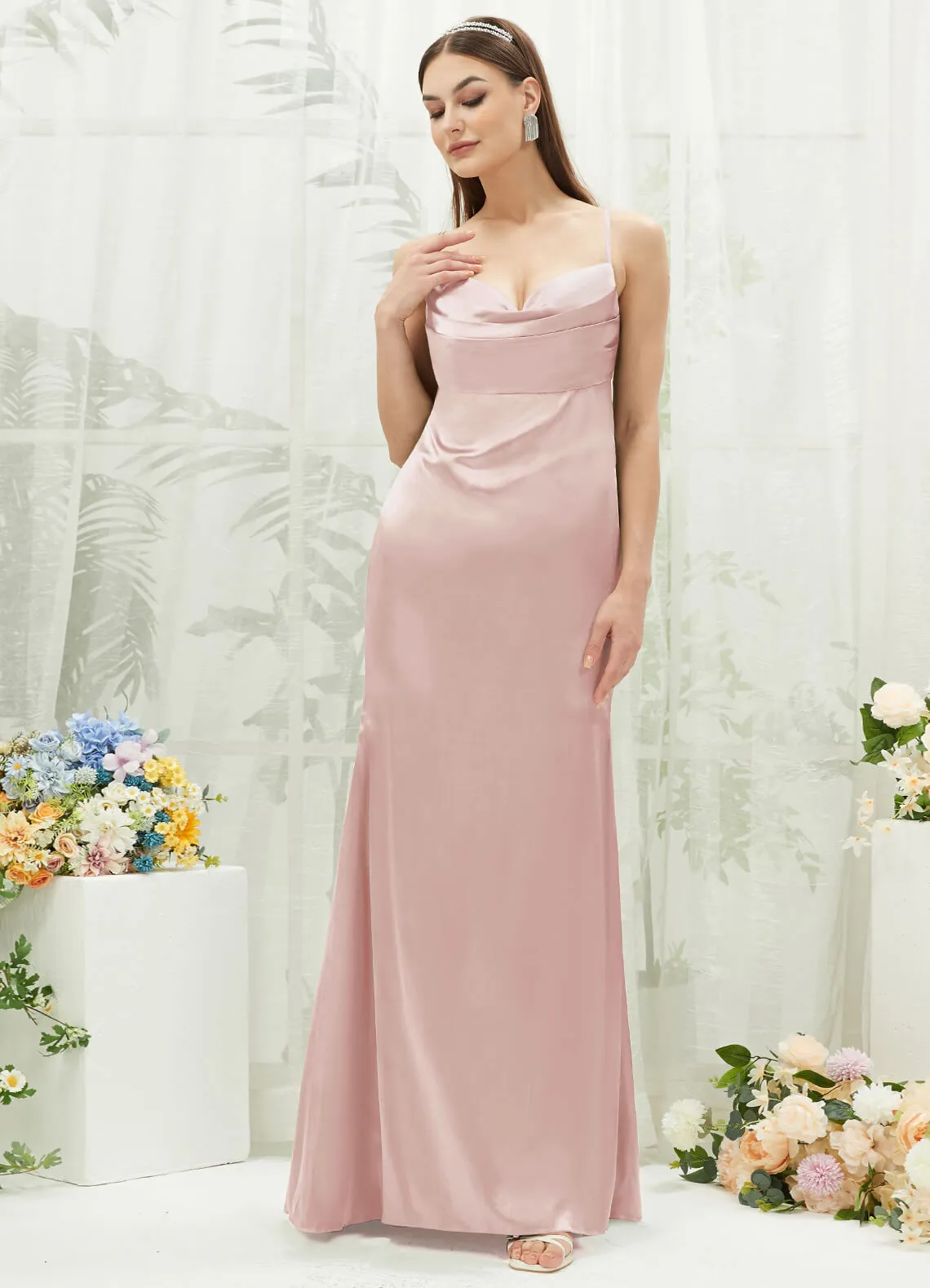 Blush Satin Cowl Neck Adjustable Straps Backless Long Bridesmaid Dress