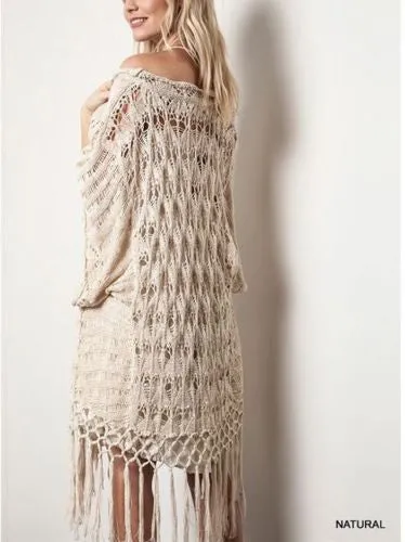 Boho Kimono Beige Natural Lace Fringe Fishnet Tassel Trim Long Light Festival Wrap XS Small Medium Large XL By Kori