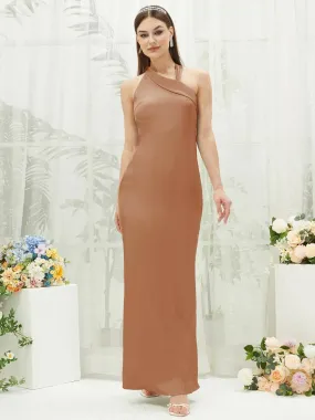 Bronzer Silk Satin Halter Neck Sheath Sleeveless Bridesmaid Dress