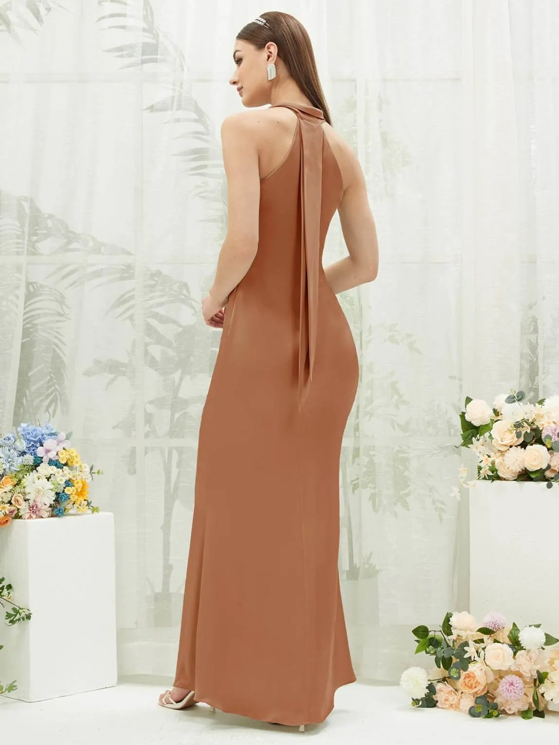 Bronzer Silk Satin Halter Neck Sheath Sleeveless Bridesmaid Dress