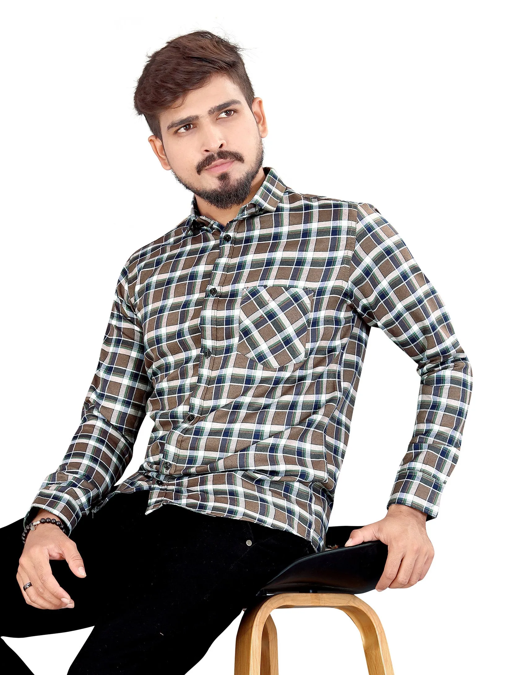 Brown and Green Gingham Checked Shirt