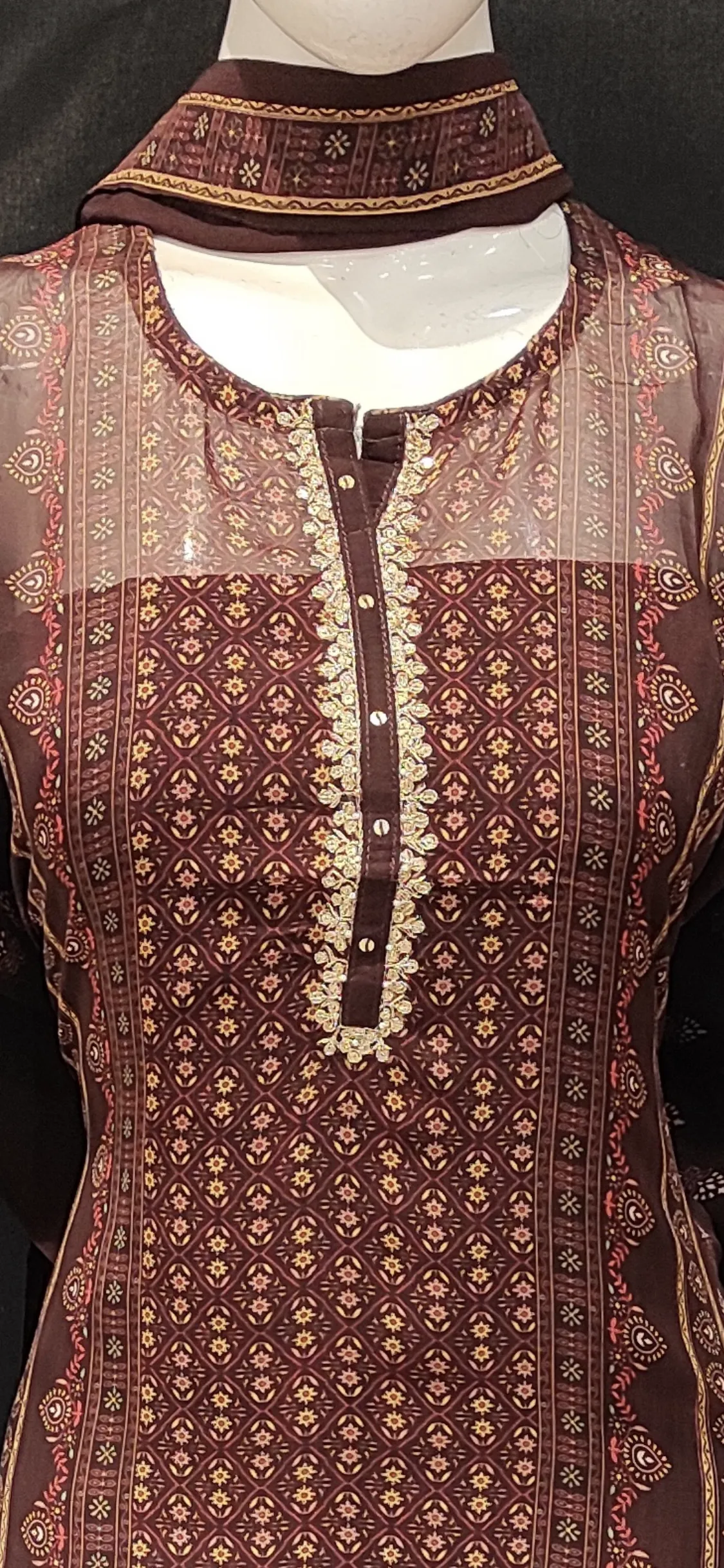 Brown Printed Georgette Unstitched Suit with Hand Work and Dupatta