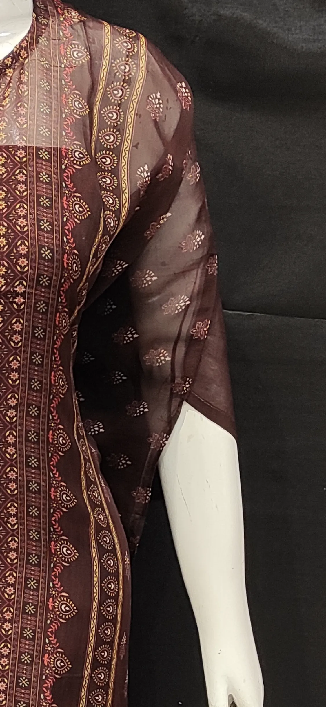 Brown Printed Georgette Unstitched Suit with Hand Work and Dupatta