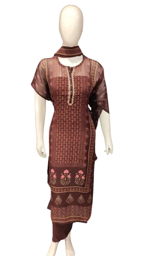 Brown Printed Georgette Unstitched Suit with Hand Work and Dupatta