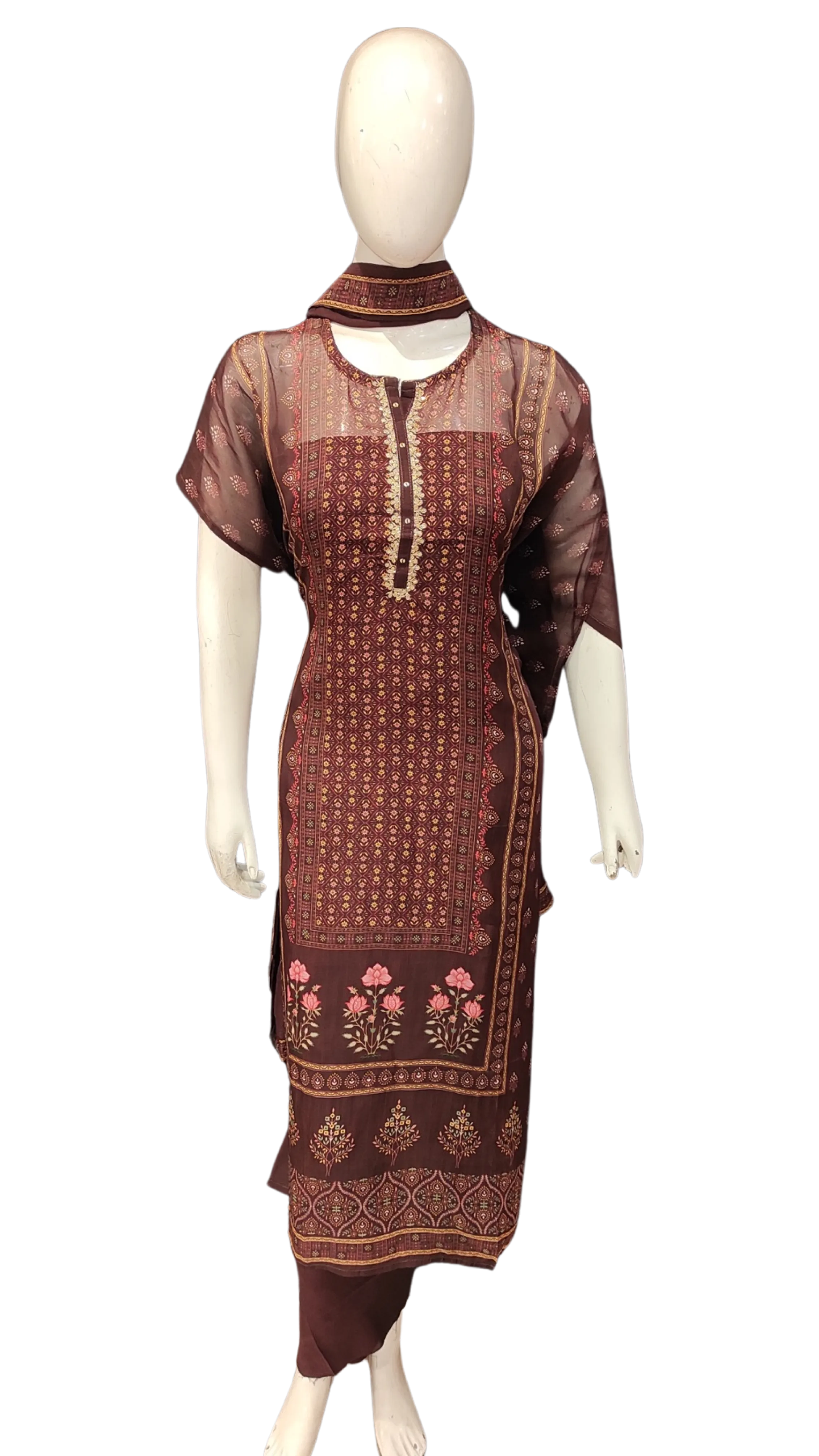 Brown Printed Georgette Unstitched Suit with Hand Work and Dupatta