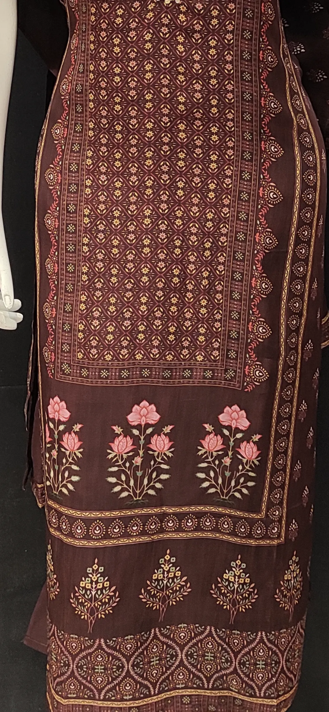 Brown Printed Georgette Unstitched Suit with Hand Work and Dupatta