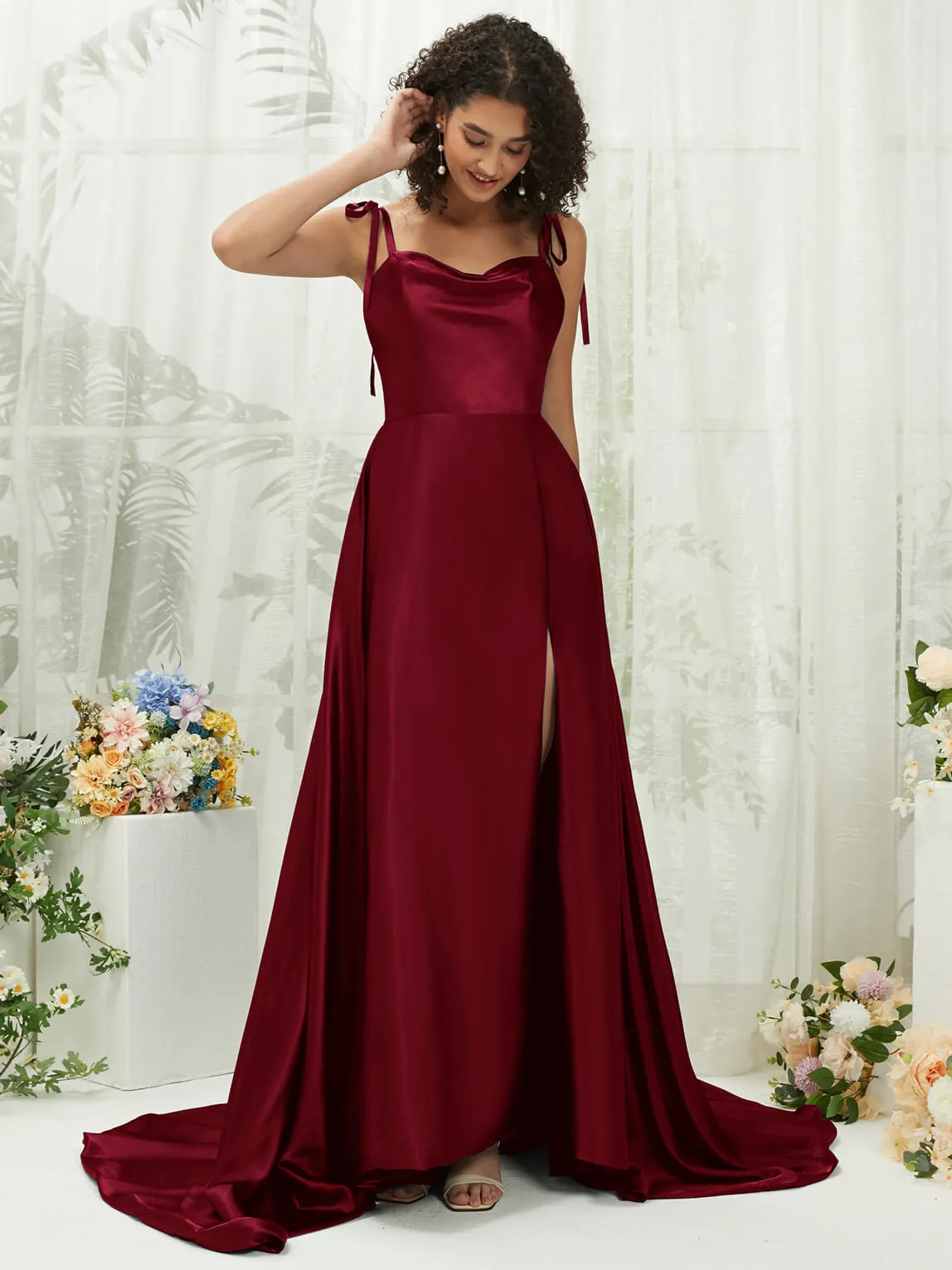 Burgundy Satin Sweetheart Adjustable Straps Formal Gown With Pocket